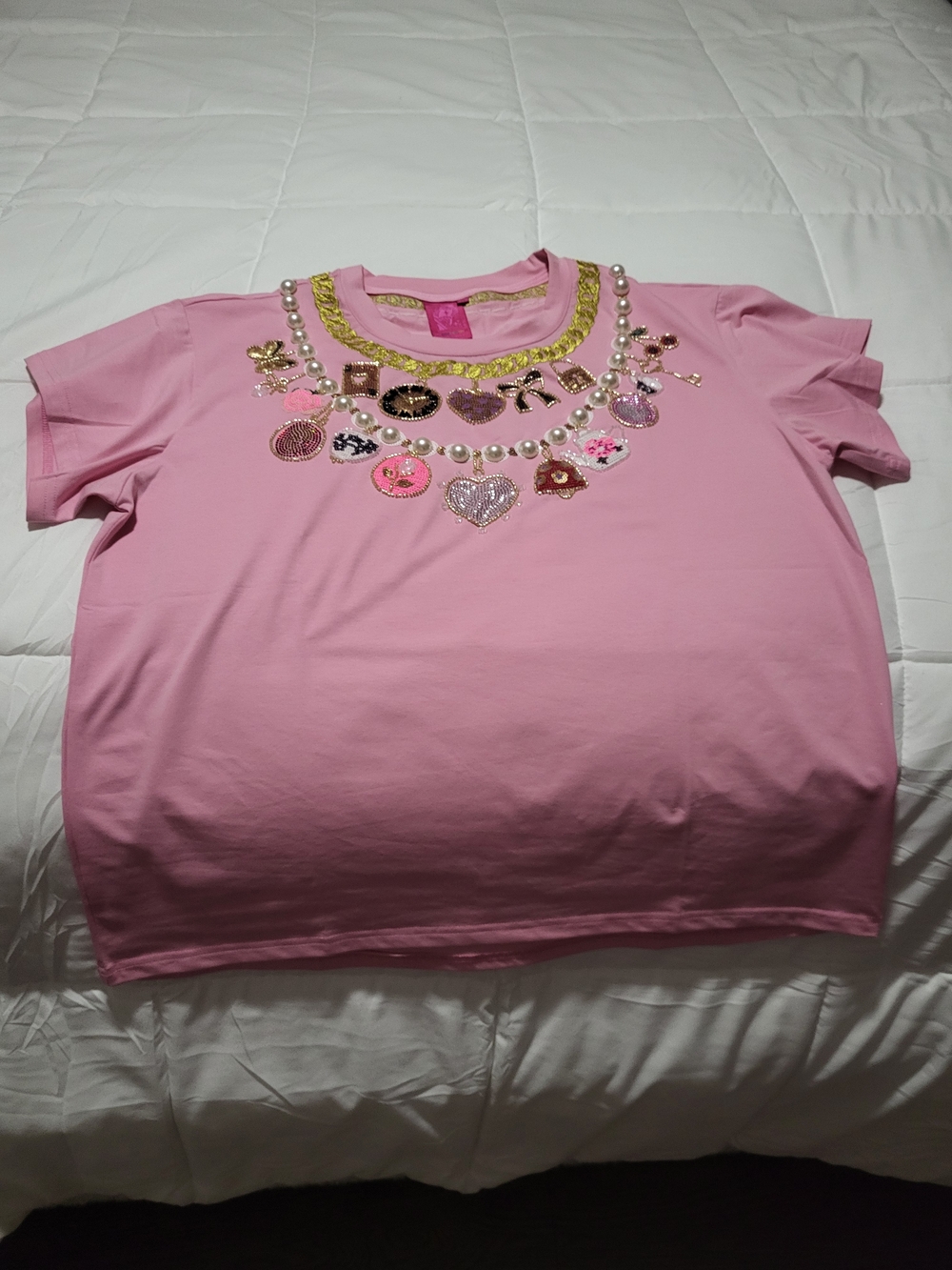 Queen Of Sparkles Pink Embellished Jewel Necklace Tee
